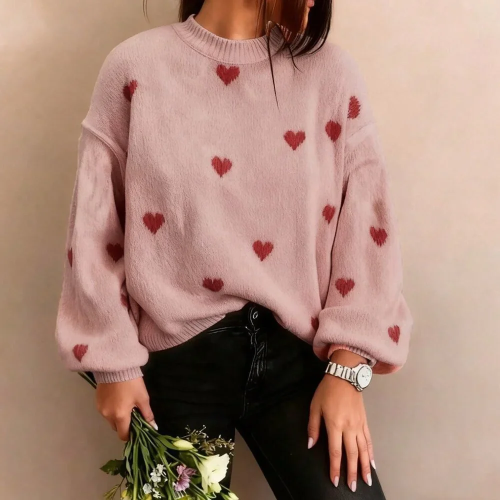 Dusty Pink Casual Women's Valentine Heart Loose-Fit Sweater